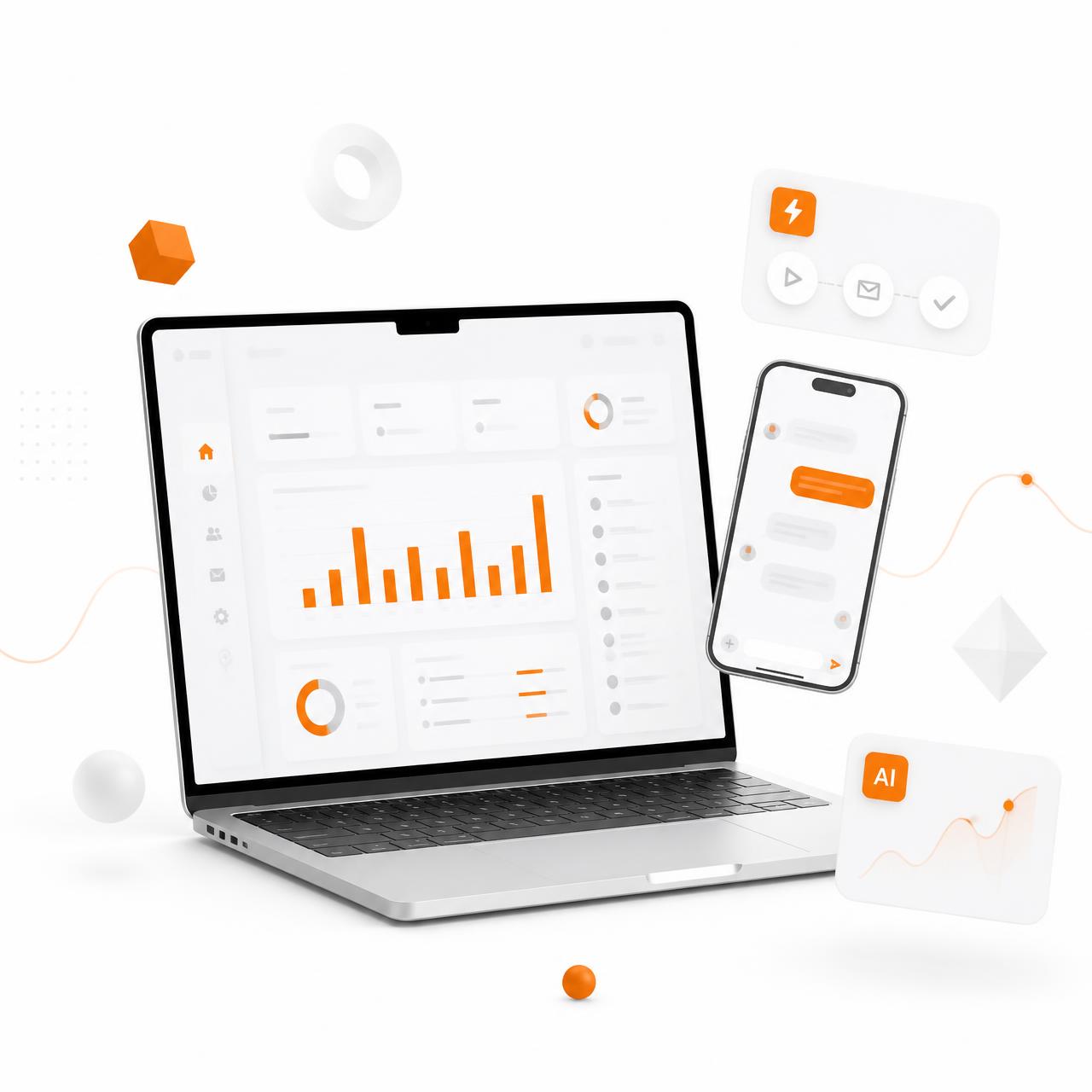Ilustração de tecnologia com dashboard, notebook e smartphone